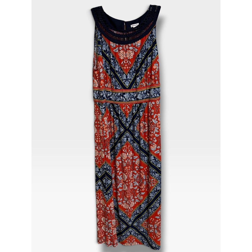 Westport 2X Red Navy Scarf Print Maxi Dress Plus Size Crochet Boho Resort